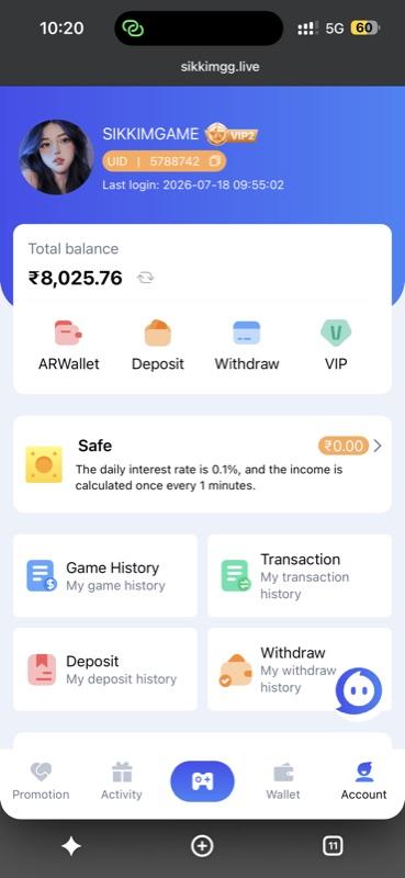 Sikkim Game account profile screen with VIP badge and quick action tiles