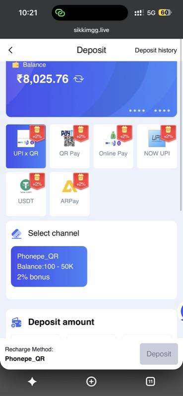 Sikkim Game deposit screen with UPI, QR Pay and USDT payment options