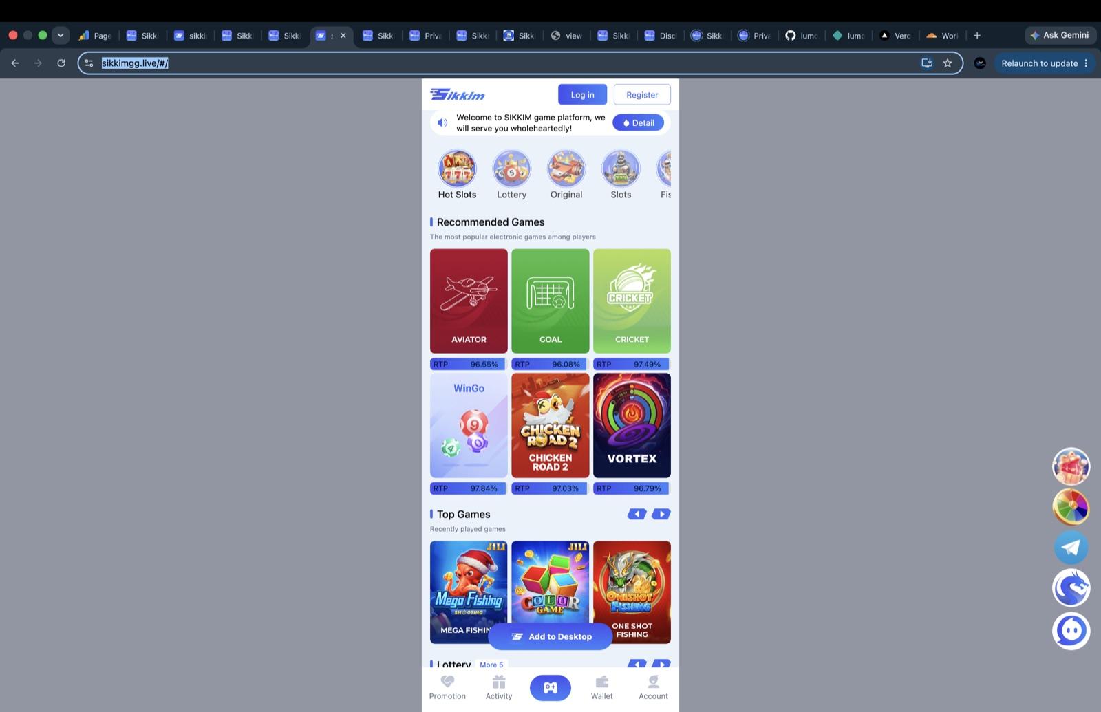 Sikkim Game desktop web lobby listing WinGo, Aviator, Chicken Road 2 and Vortex with RTP percentages