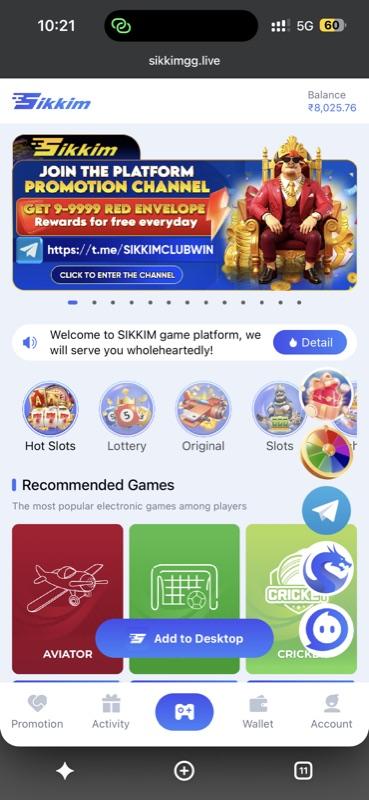 Sikkim Game mobile lobby showing Hot Slots, Lottery and recommended games like Aviator and Cricket