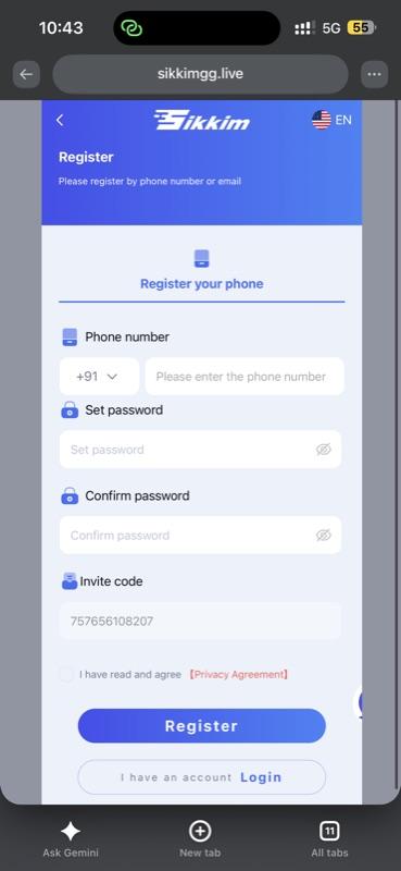 Sikkim Game register screen with phone number, password and invite code fields