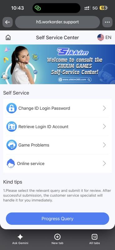 Sikkim Game self-service support center with password reset and game problem options